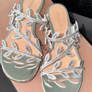 Gianvito Rossi Silver Crystal Leaf Slide Sandals with Rhinestone Straps